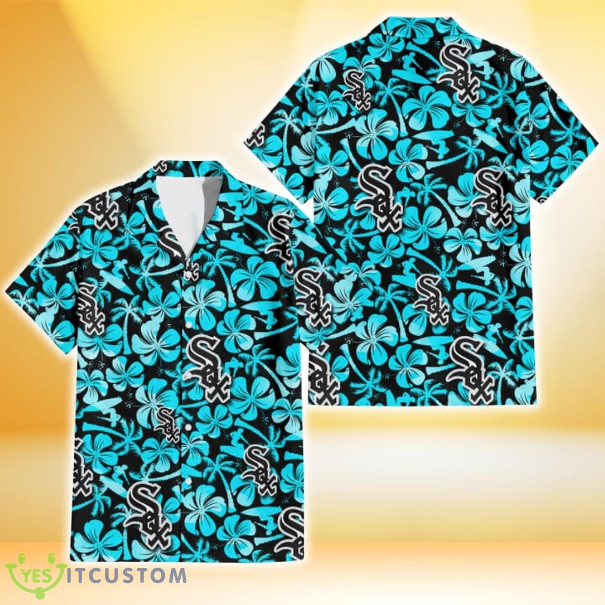 Chicago White Sox Blue Hibiscus Blue Coconut Tree Black Background 3D Hawaiian Shirt Gift For Fans Product Photo 1