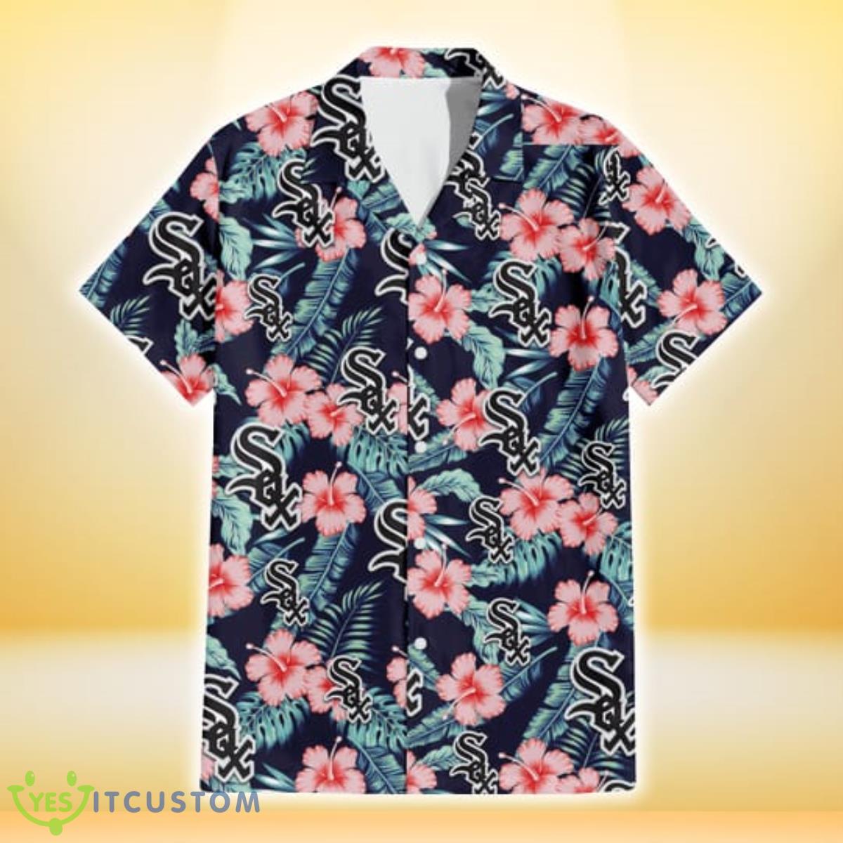 Chicago White Sox Coral Hibiscus Green Banana Leaf Black Background 3D Hawaiian Shirt Gift For Fans Product Photo 2