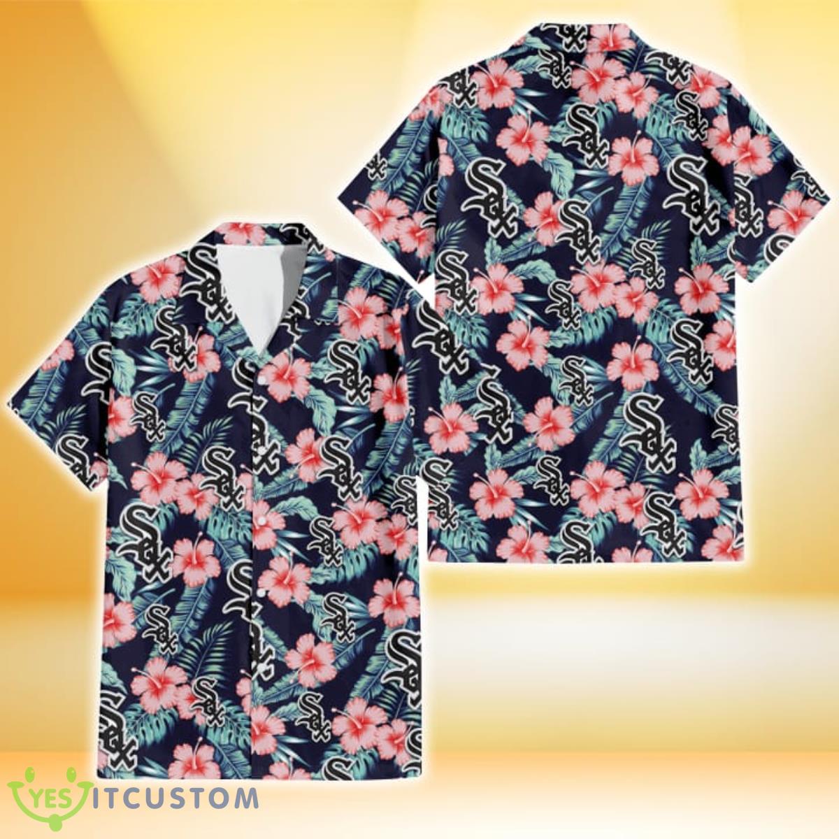 Chicago White Sox Coral Hibiscus Green Banana Leaf Black Background 3D Hawaiian Shirt Gift For Fans Product Photo 1