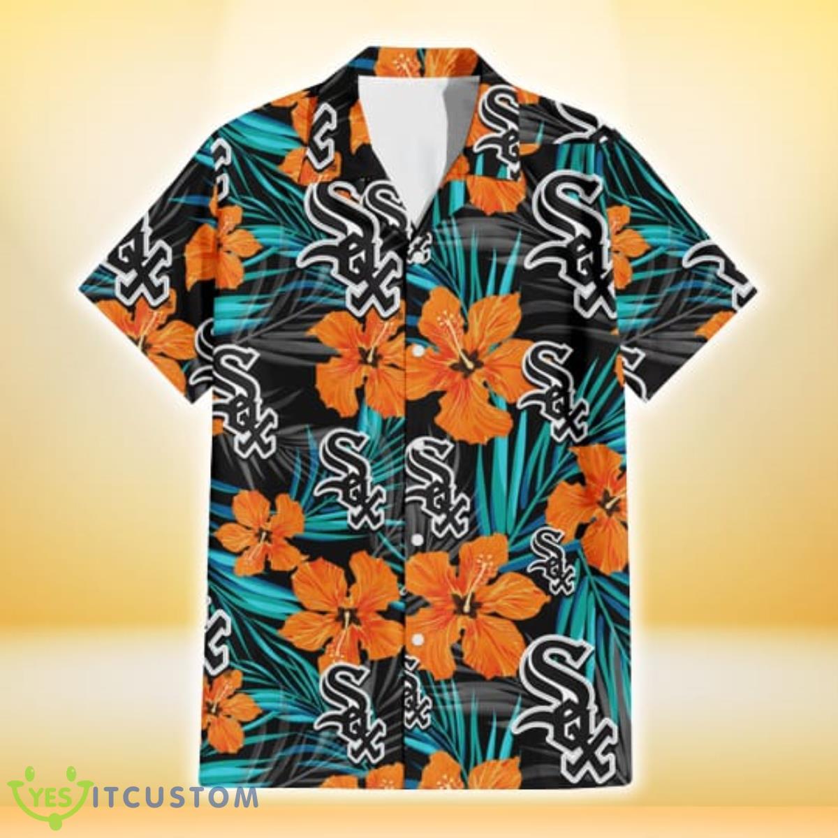 Chicago White Sox Orange Hibiscus Blue Gray Leaf Black Background 3D Hawaiian Shirt Gift For Fans Product Photo 2