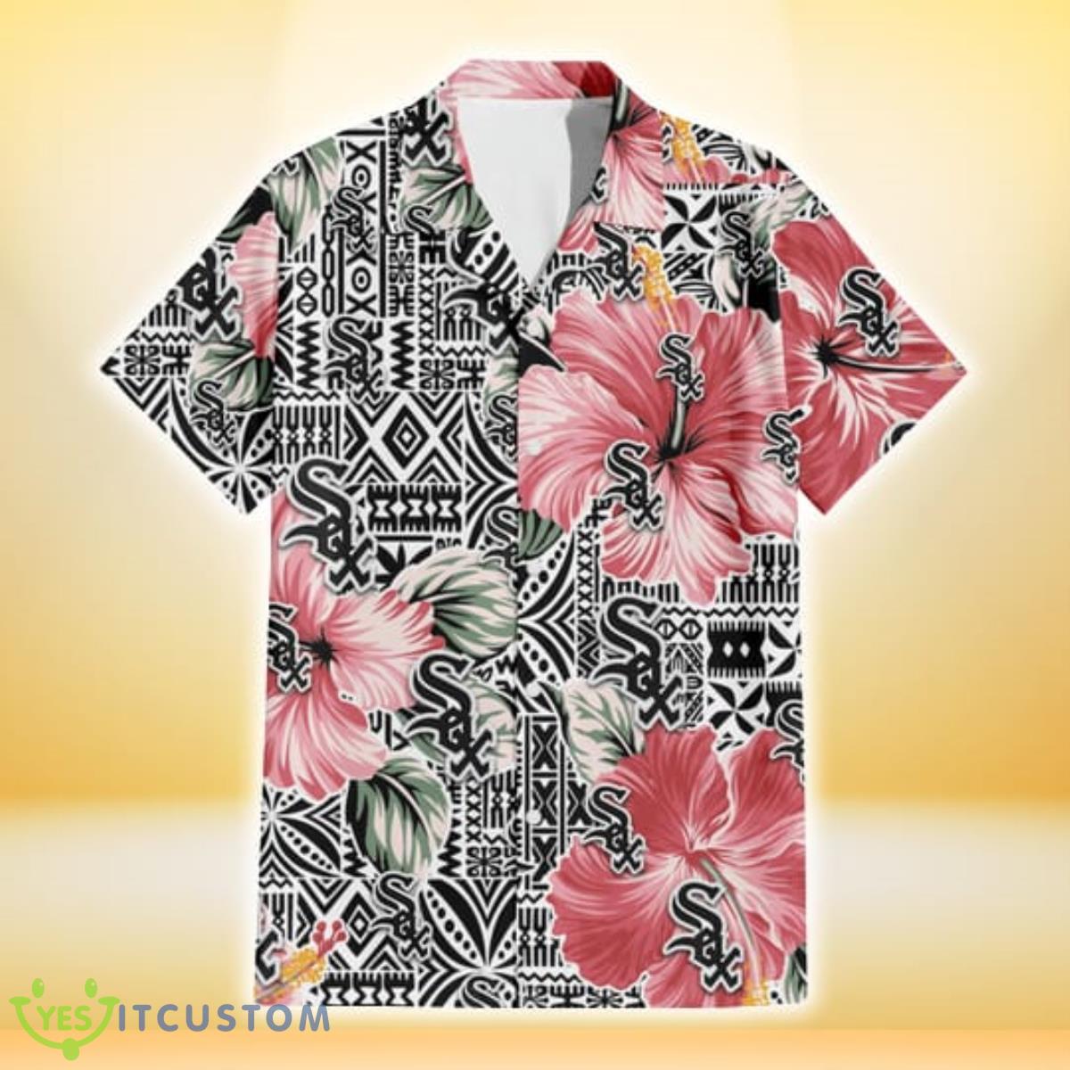 Chicago White Sox Pink Hibiscus Black Pattern White Background 3D Hawaiian Shirt Gift For Fans Product Photo 2