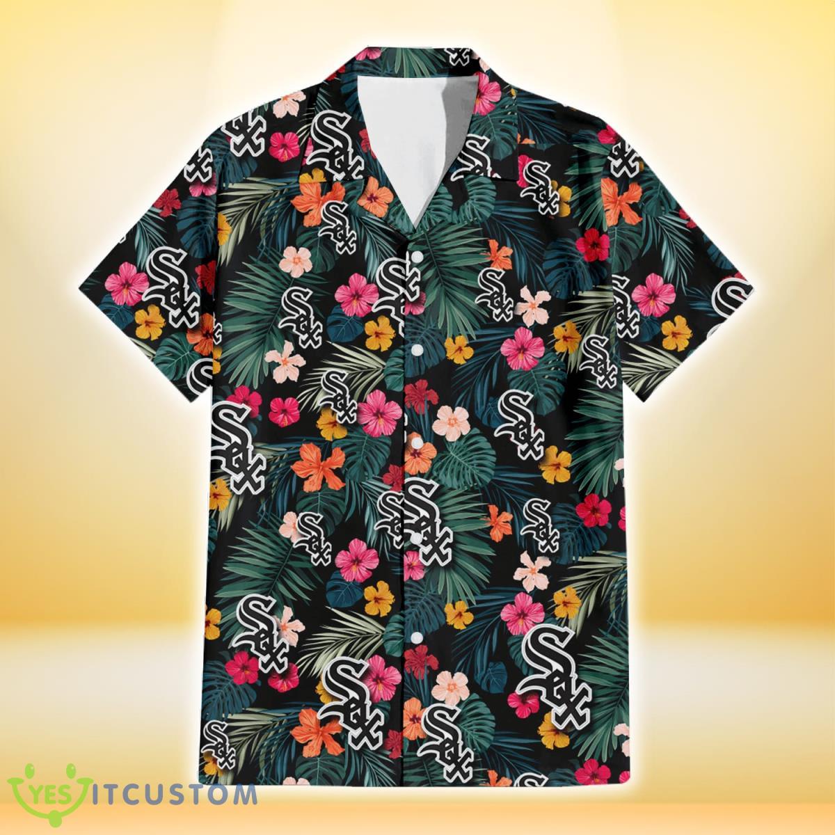 Chicago White Sox Pink Yellow Orange Hibiscus Big Tropical Leaf Black Background 3D Hawaiian Shirt Gift For Fans 7 Chicago White Sox Pink Yellow Orange Hibiscus Big Tropical Leaf Black Background 3D Hawaiian Shirt Gift For Fans Product Photo 2