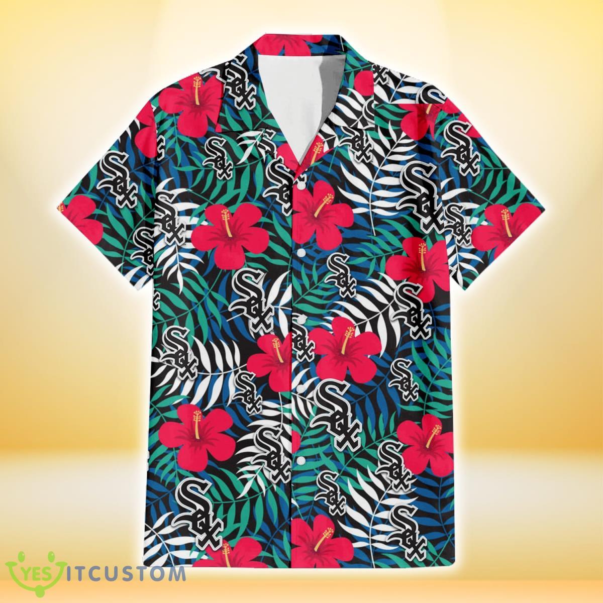 Chicago White Sox Red Hibiscus Green Blue White Leaf Black Background 3D Hawaiian Shirt Gift For Fans Product Photo 2
