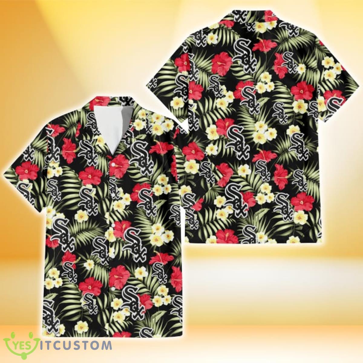 Chicago White Sox Red Hibiscus Yellow Porcelain Flower Black Background 3D Hawaiian Shirt Gift For Fans 6 Chicago White Sox Red Hibiscus Yellow Porcelain Flower Black Background 3D Hawaiian Shirt Gift For Fans Product Photo 1