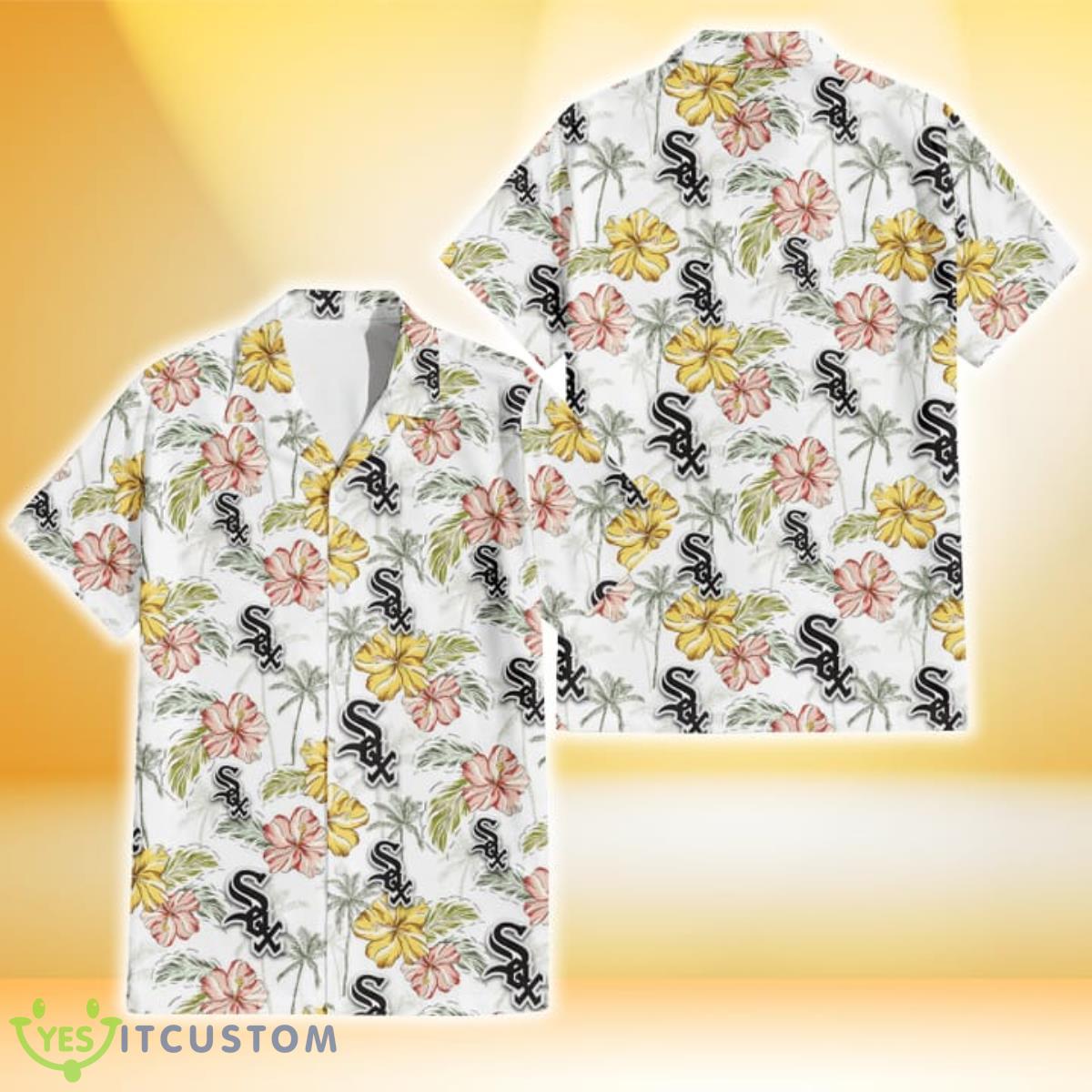 Chicago White Sox Sketch Red Yellow Coconut Tree White Background 3D Hawaiian Shirt Gift For Fans Product Photo 1