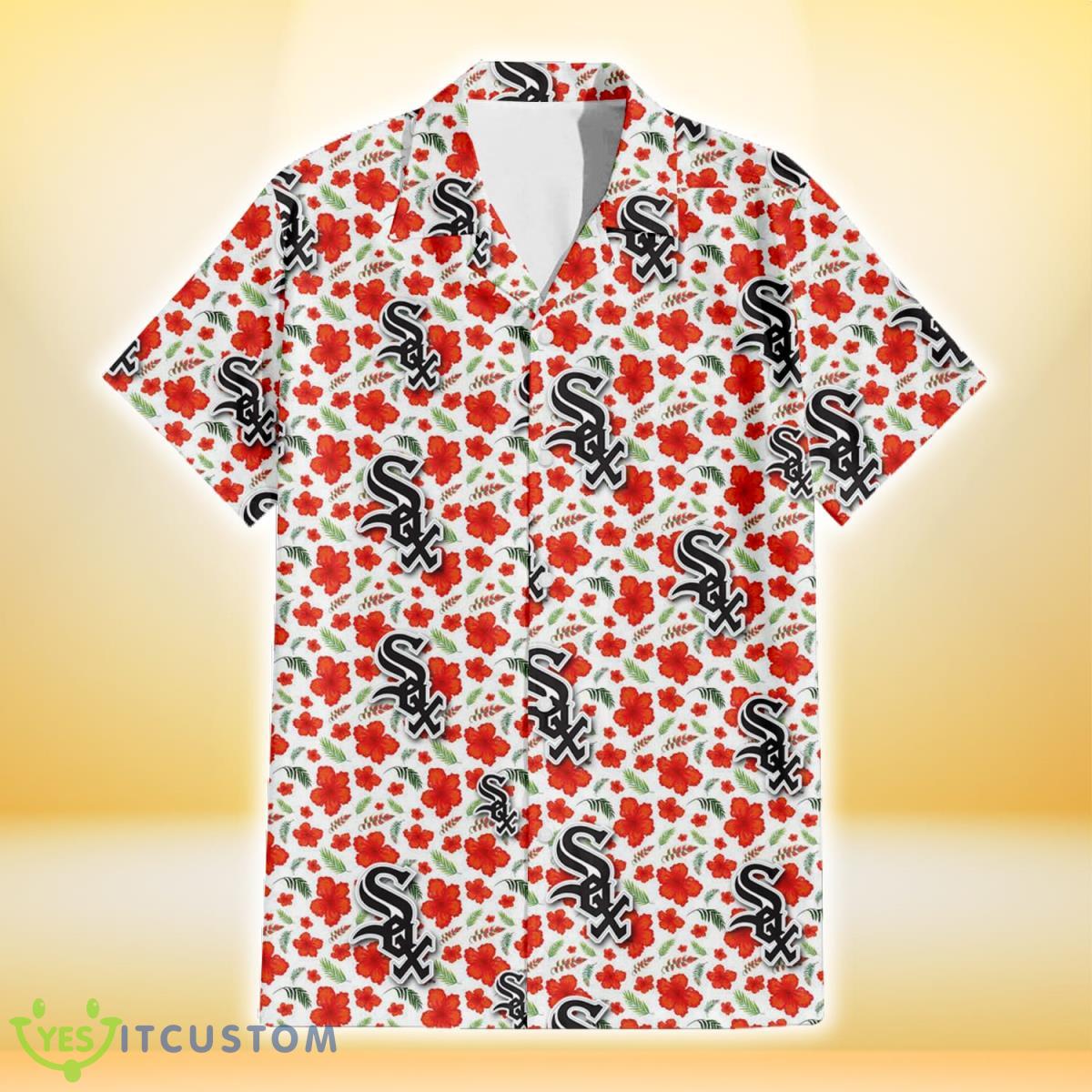 Chicago White Sox Tiny Red Hibiscus Green Leaf White Cube Background 3D Hawaiian Shirt Gift For Fans Product Photo 2