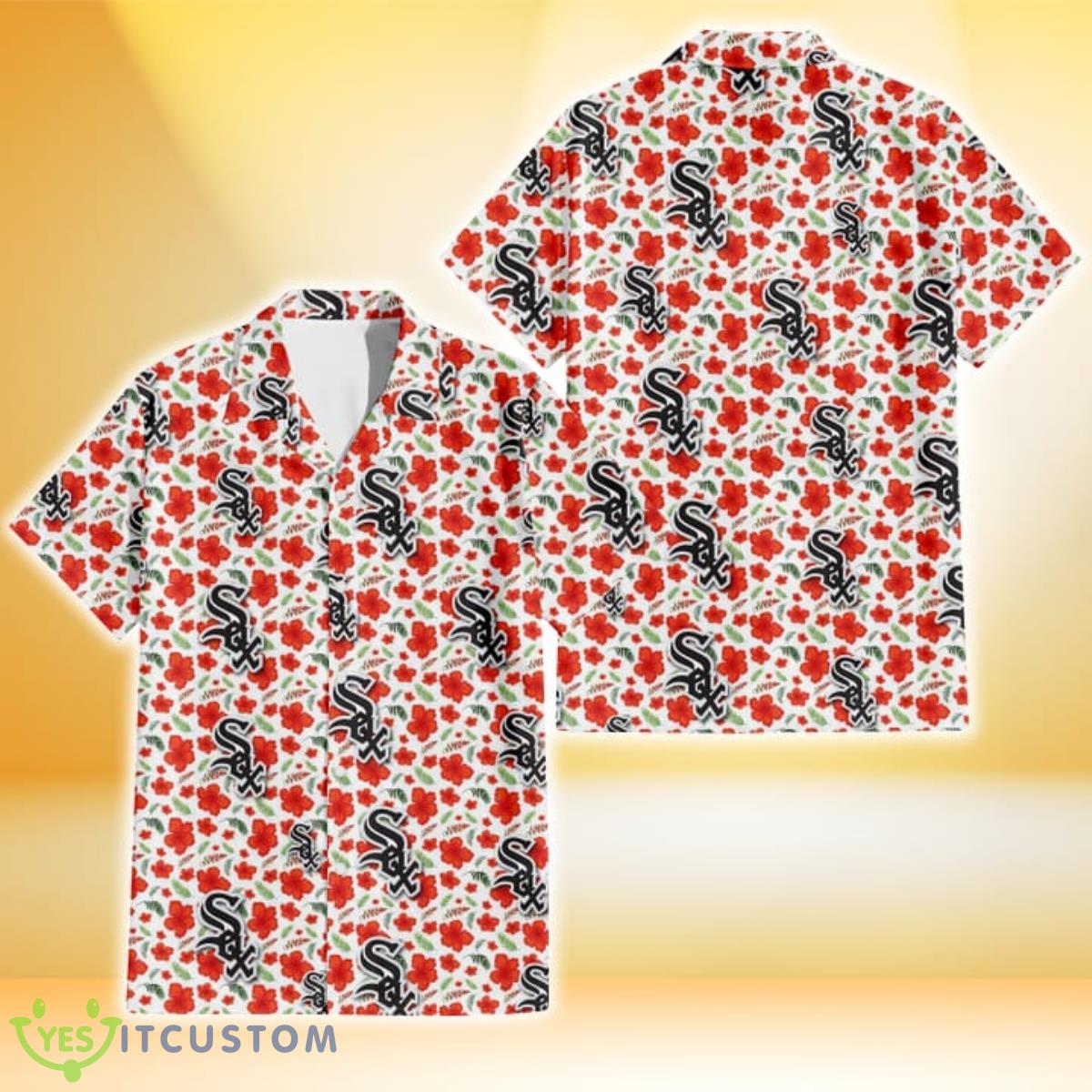 Chicago White Sox Tiny Red Hibiscus Green Leaf White Cube Background 3D Hawaiian Shirt Gift For Fans Product Photo 1