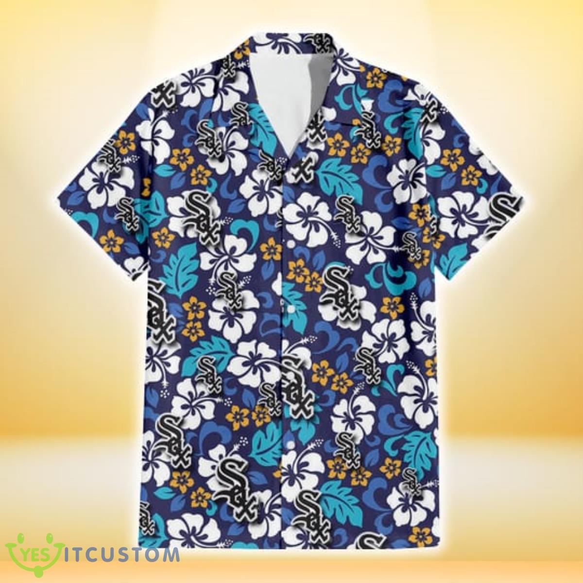 Chicago White Sox White Hibiscus Ceramic Style Navy Background 3D Hawaiian Shirt Gift For Fans Product Photo 2