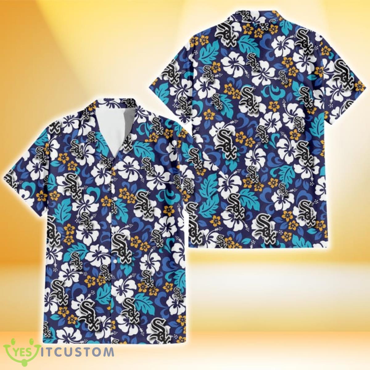 Chicago White Sox White Hibiscus Ceramic Style Navy Background 3D Hawaiian Shirt Gift For Fans Product Photo 1