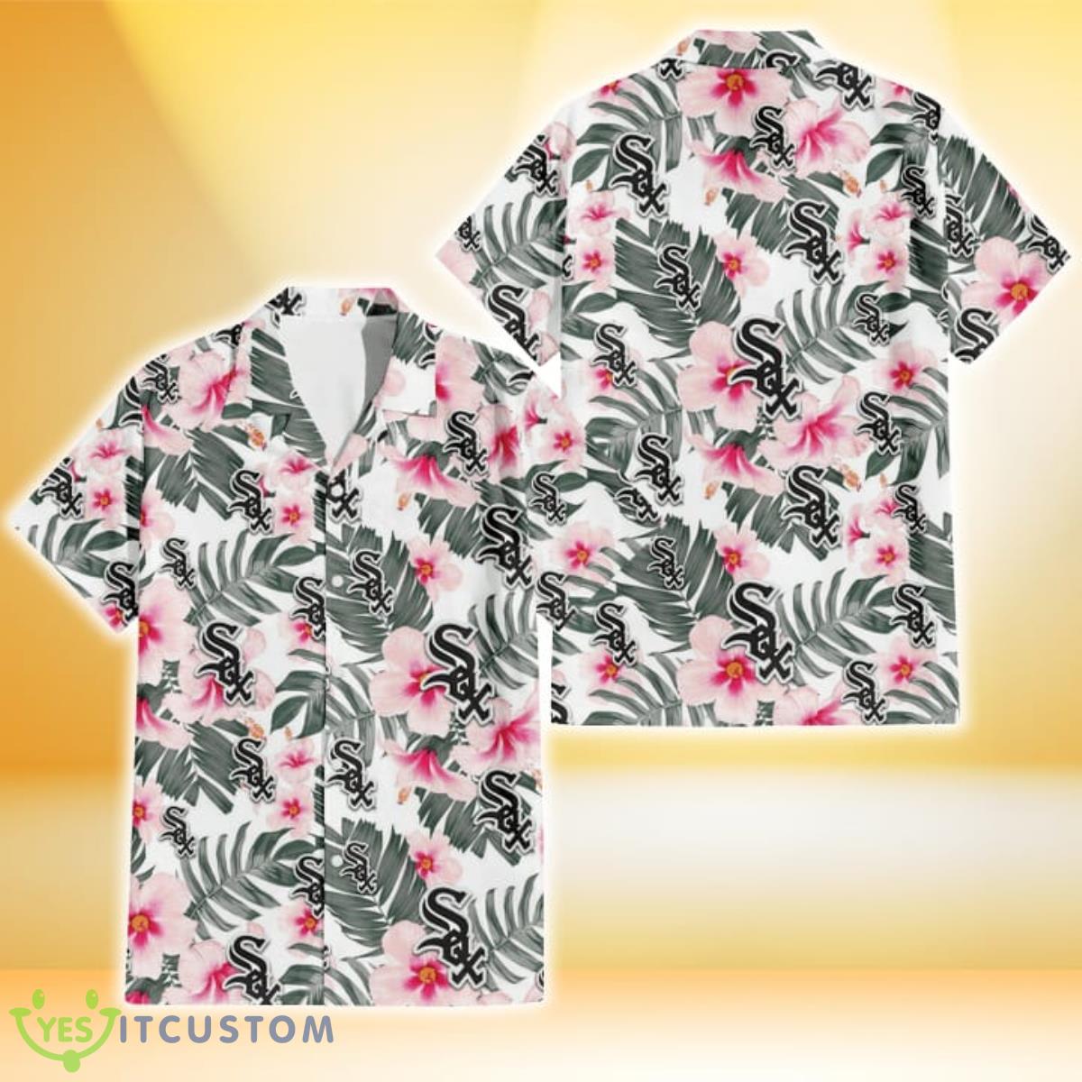 Chicago White Sox White Hibiscus Green Leaf White Background 3D Hawaiian Shirt Gift For Fans Product Photo 1