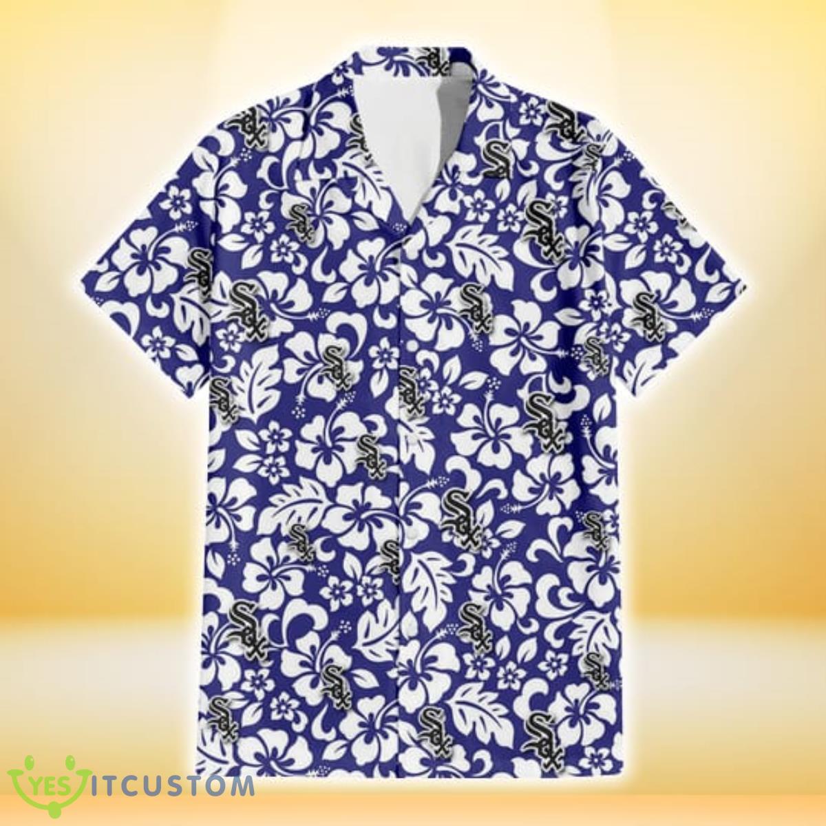 Chicago White Sox White Hibiscus Pattern Slate Blue Background 3D Hawaiian Shirt Gift For Fans Product Photo 2