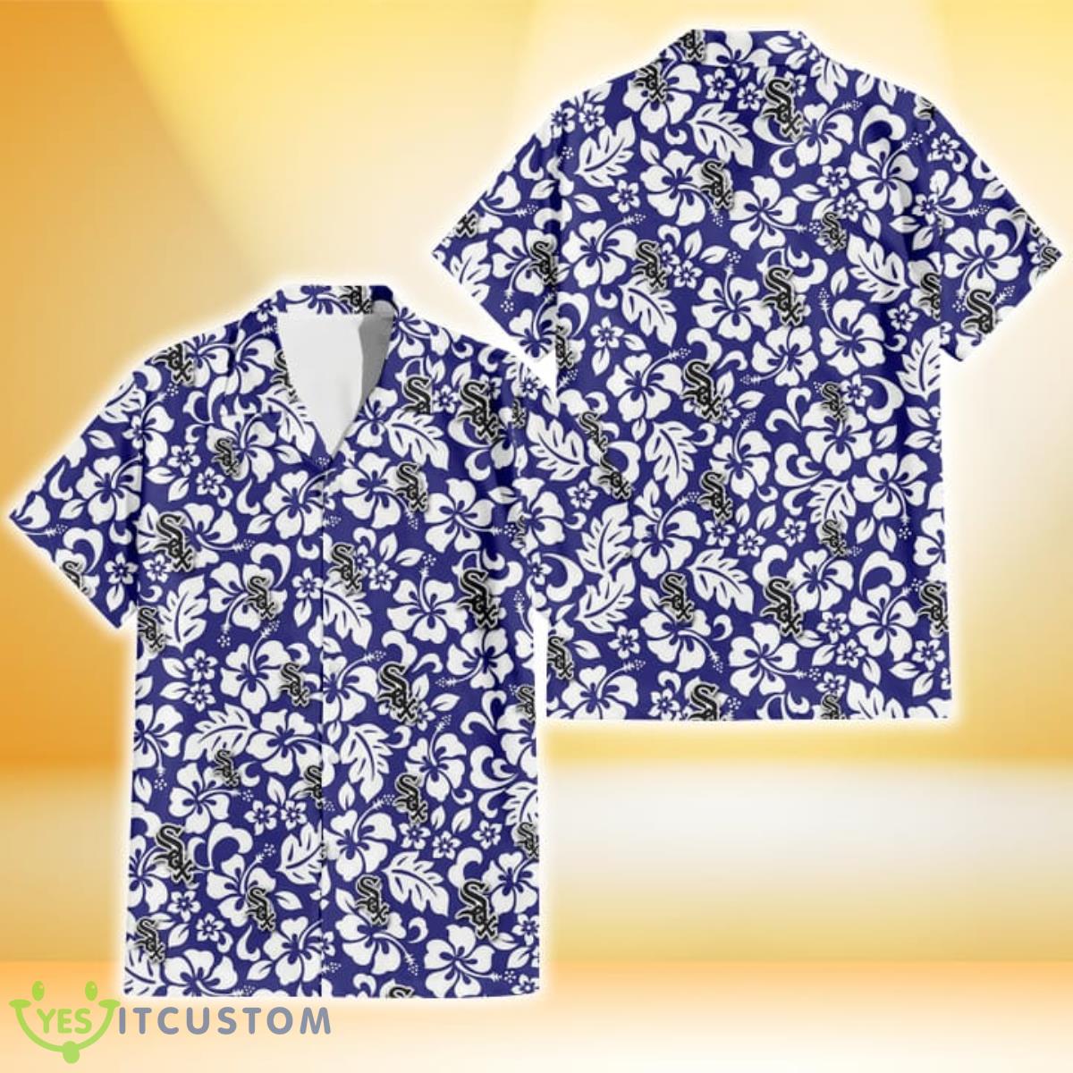 Chicago White Sox White Hibiscus Pattern Slate Blue Background 3D Hawaiian Shirt Gift For Fans Product Photo 1