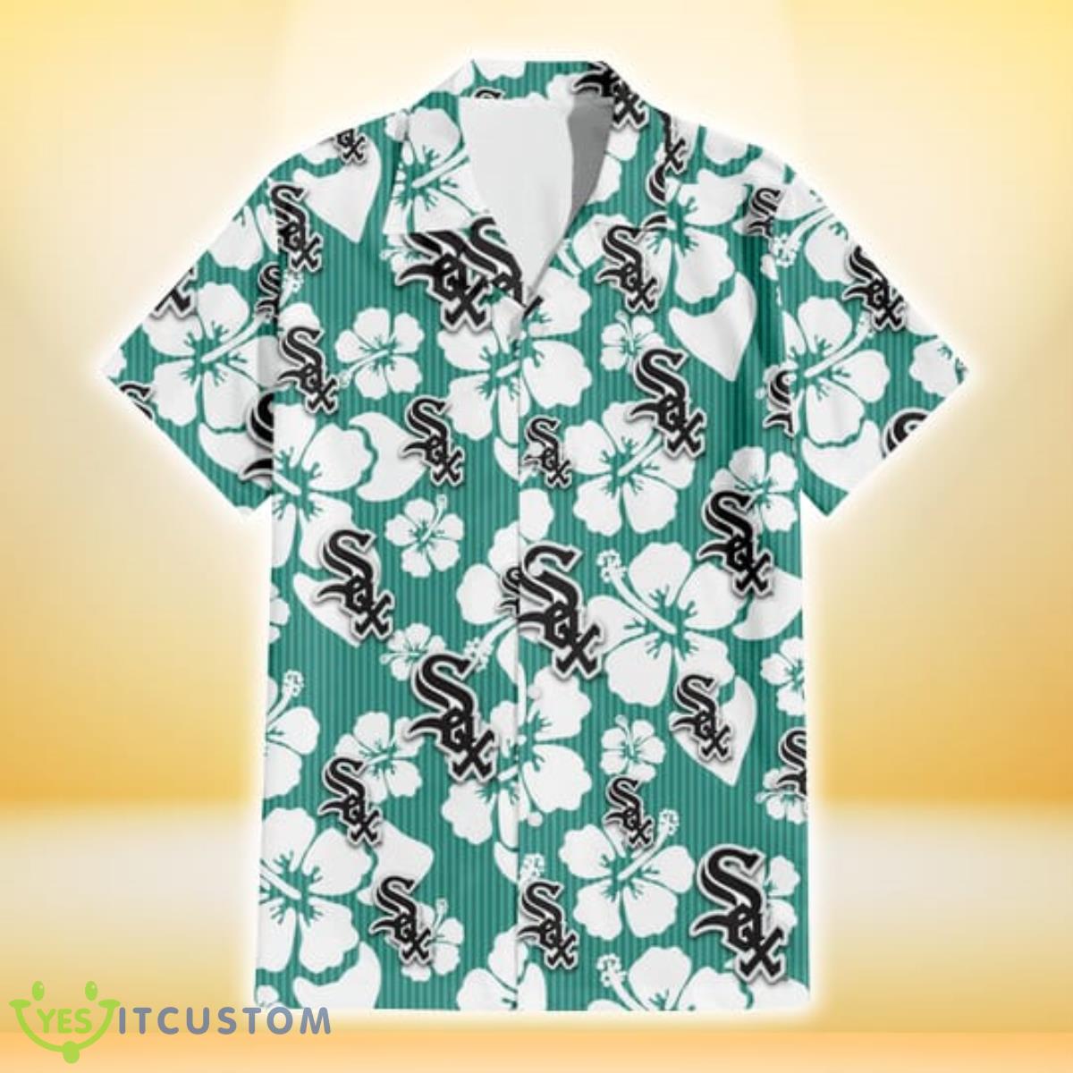Chicago White Sox White Hibiscus Turquoise Stripe Background 3D Hawaiian Shirt Gift For Fans Product Photo 2