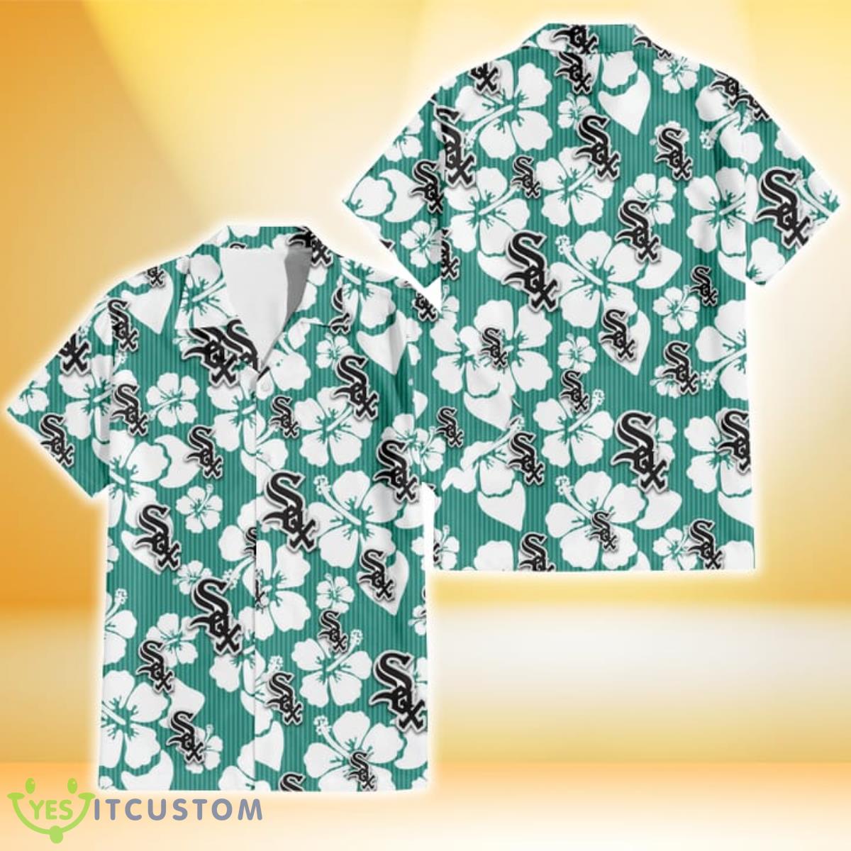Chicago White Sox White Hibiscus Turquoise Stripe Background 3D Hawaiian Shirt Gift For Fans Product Photo 1