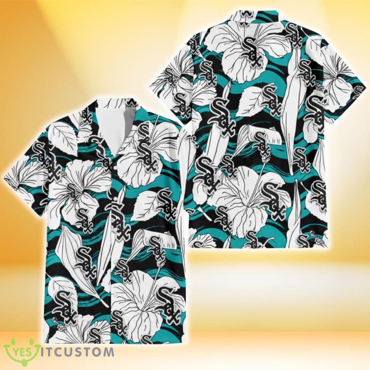Chicago White Sox White Hibiscus Turquoise Wave Black Background 3D Hawaiian Shirt Gift For Fans Product Photo 1