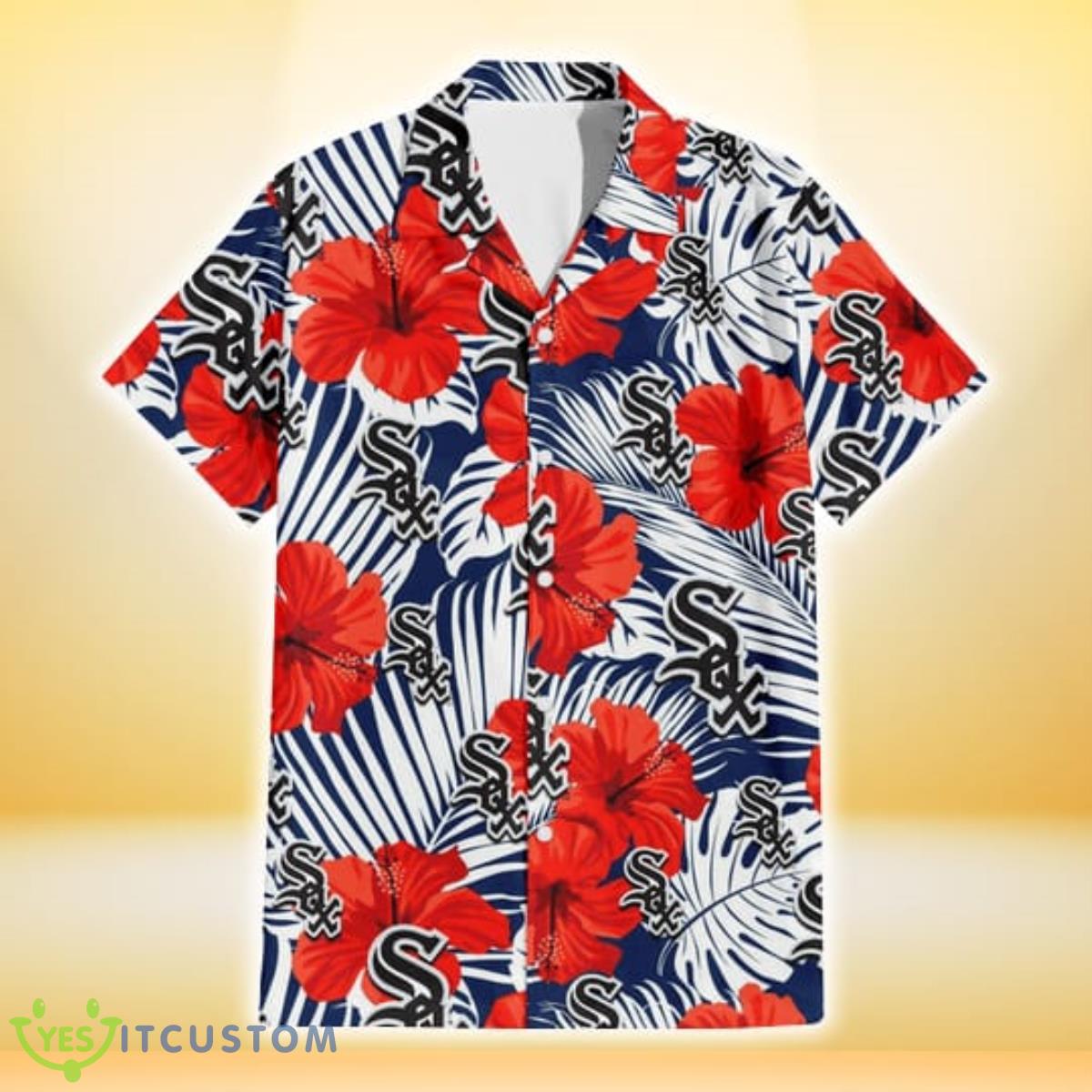 Chicago White Sox White Tropical Leaf Red Hibiscus Navy Background 3D Hawaiian Shirt Gift For Fans 7 Chicago White Sox White Tropical Leaf Red Hibiscus Navy Background 3D Hawaiian Shirt Gift For Fans Product Photo 2