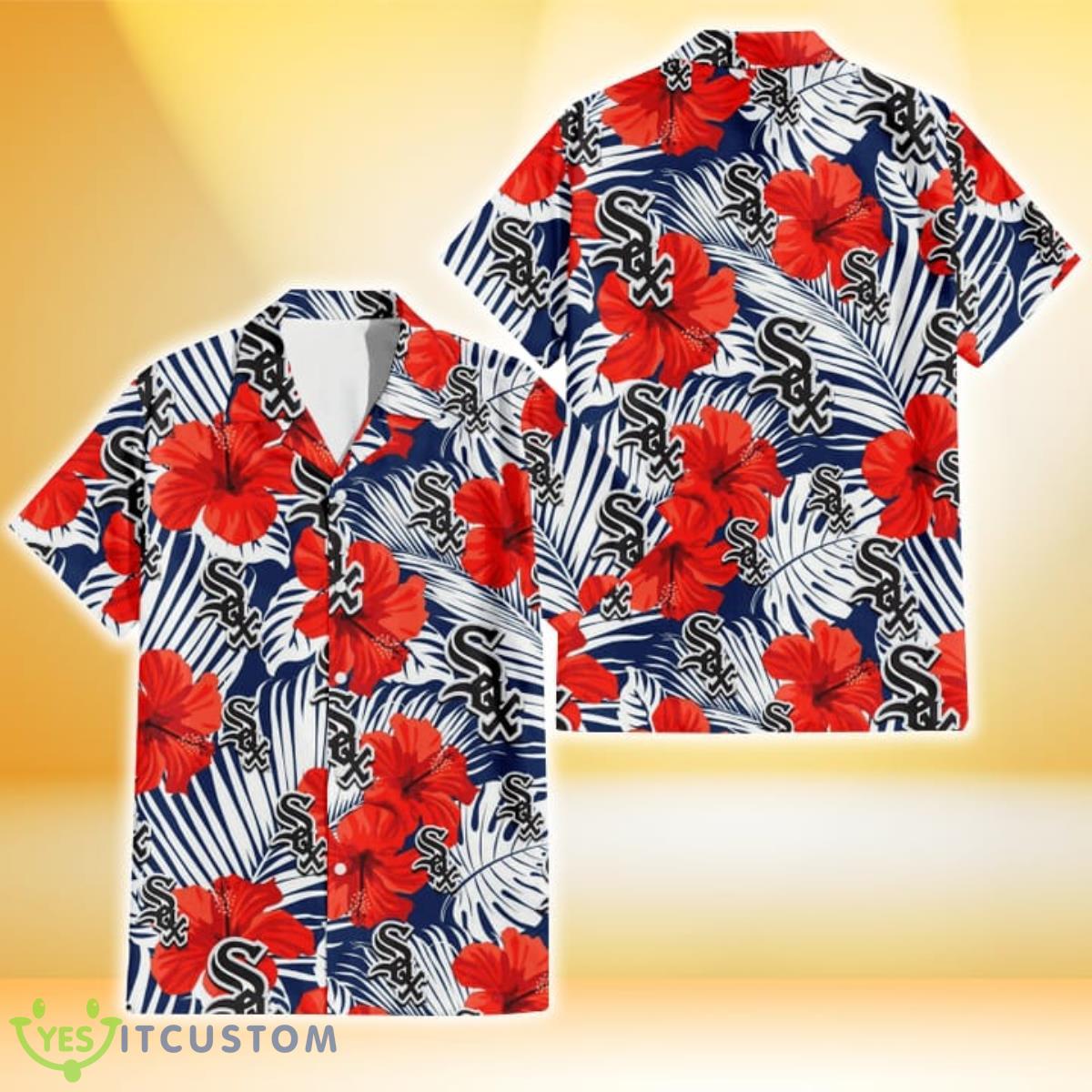 Chicago White Sox White Tropical Leaf Red Hibiscus Navy Background 3D Hawaiian Shirt Gift For Fans 6 Chicago White Sox White Tropical Leaf Red Hibiscus Navy Background 3D Hawaiian Shirt Gift For Fans Product Photo 1