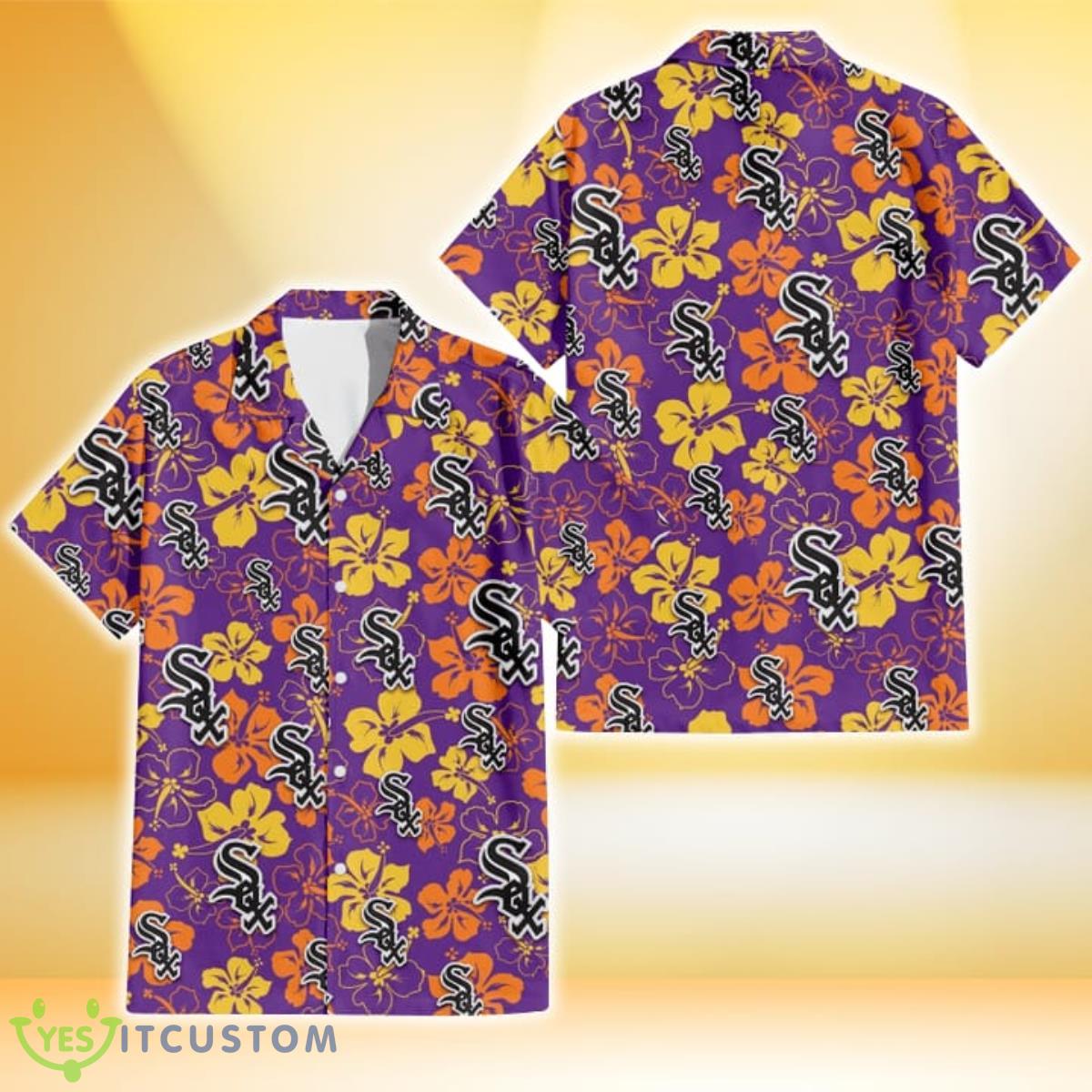 Chicago White Sox Yellow And Orange Hibiscus Purple Background 3D Hawaiian Shirt Gift For Fans 6 Chicago White Sox Yellow And Orange Hibiscus Purple Background 3D Hawaiian Shirt Gift For Fans Product Photo 1