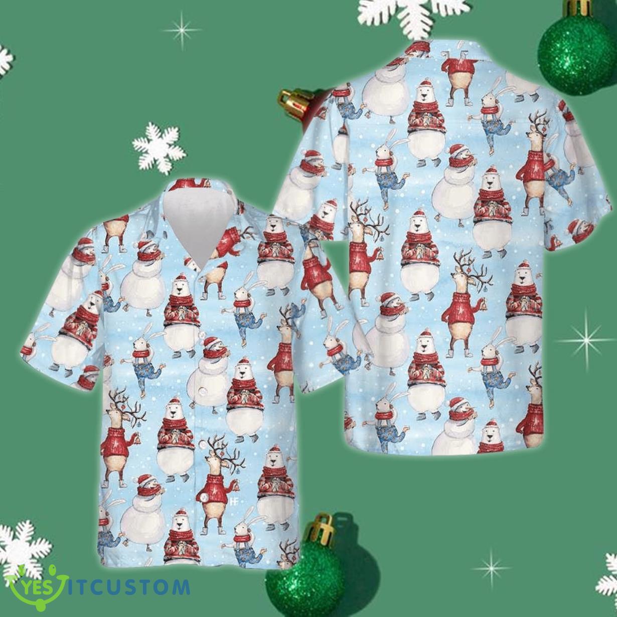 Christmas Pattern With Bunny And Snowman Hawaiian Shirt Merry Xmas Button Up Shirts For Men Product Photo 1