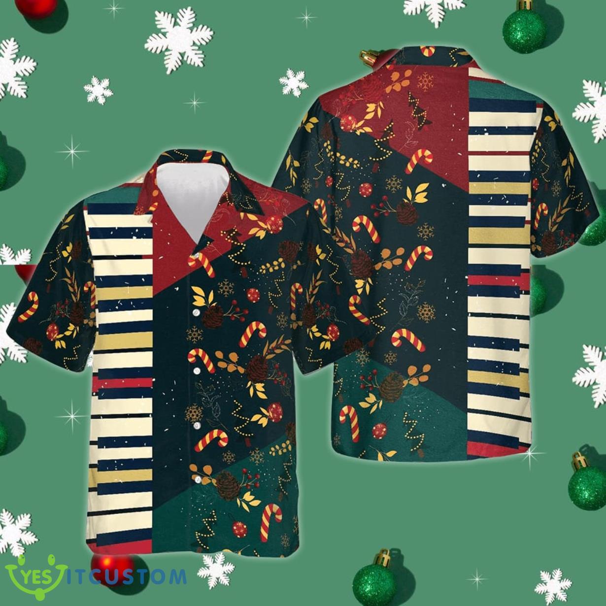 Christmas Pattern with Piano Hawaiian Shirt Christmas Button Up Shirt Gifts For Piano Lovers Product Photo 1