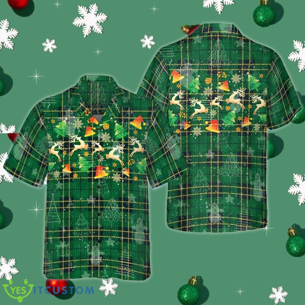 Christmas Reindeer Green Plaid Pattern Hawaiian Shirt Button Down Christmas Shirts Men Women Product Photo 1