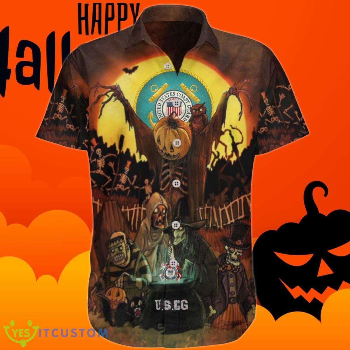 Coast Guard Halloween Hawaiian Shirt Honor USCG Logo Halloween Themed Aloha Shirt Gift Product Photo 1