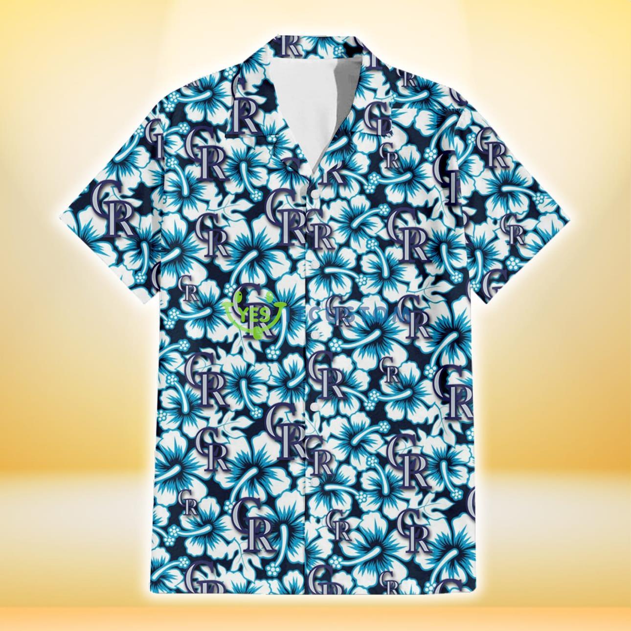 Colorado Rockies Blue Line White Hibiscus Black Background 3D Hawaiian Shirt Gift For Fans Product Photo 2