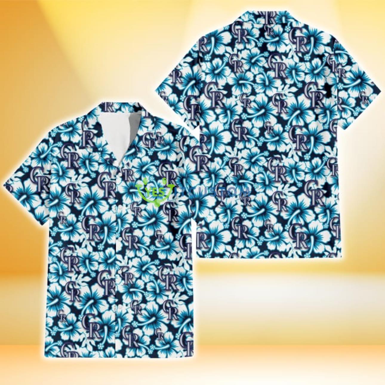 Colorado Rockies Blue Line White Hibiscus Black Background 3D Hawaiian Shirt Gift For Fans Product Photo 1