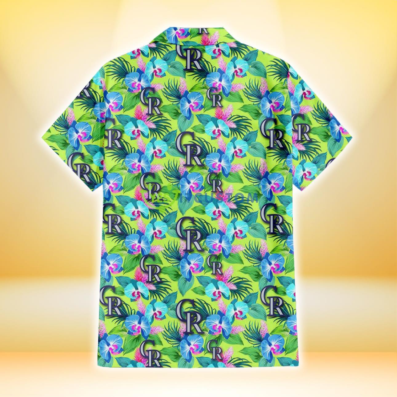 Colorado Rockies Blue Orchid Green Pink Leaf Green Background 3D Hawaiian Shirt Gift For Fans 3 Colorado Rockies Blue Orchid Green Pink Leaf Green Background 3D Hawaiian Shirt Gift For Fans Product Photo 3