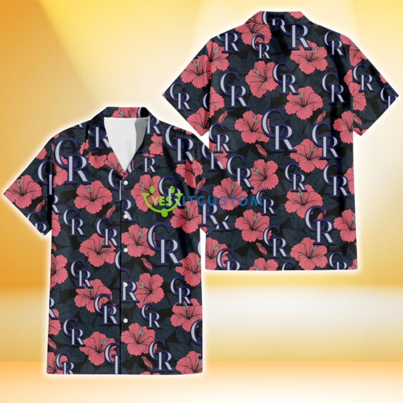 Colorado Rockies Light Coral Hibiscus Gray Leaf Black Background 3D Hawaiian Shirt Gift For Fans Product Photo 1