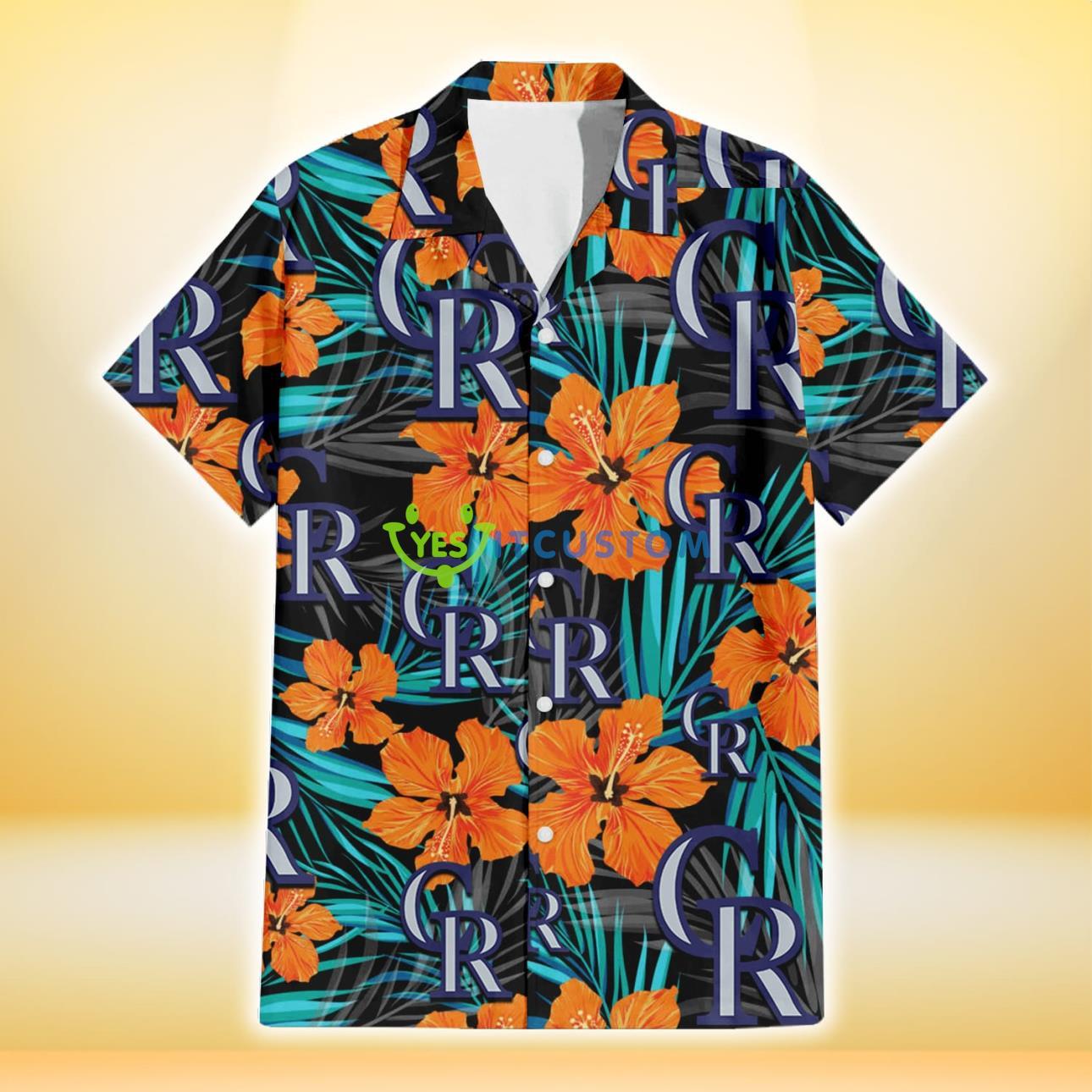 Colorado Rockies Orange Hibiscus Blue Gray Leaf Black Background 3D Hawaiian Shirt Gift For Fans Product Photo 2