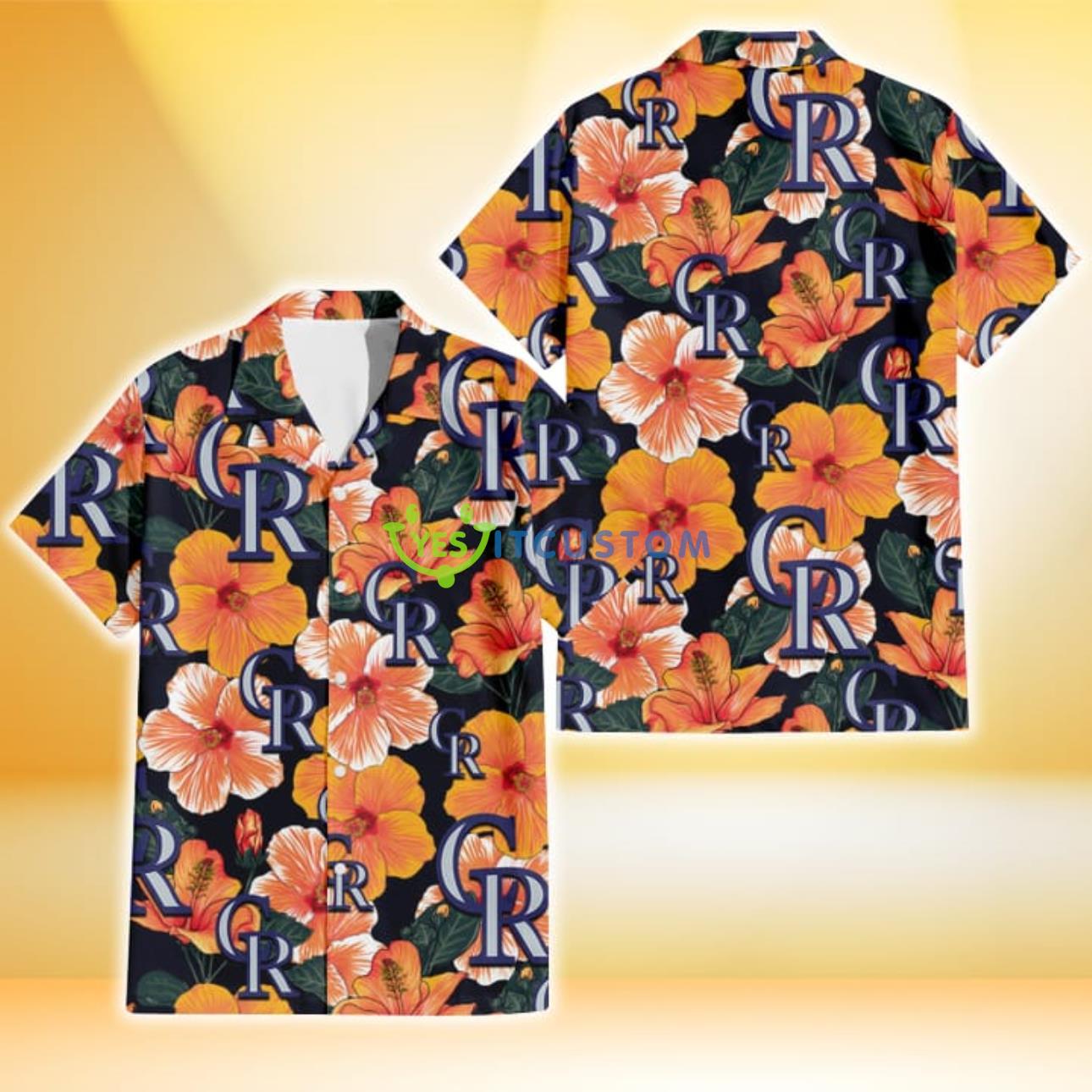 Colorado Rockies Orange Hibiscus Dark Green Leaf Black Background 3D Hawaiian Shirt Gift For Fans Product Photo 1