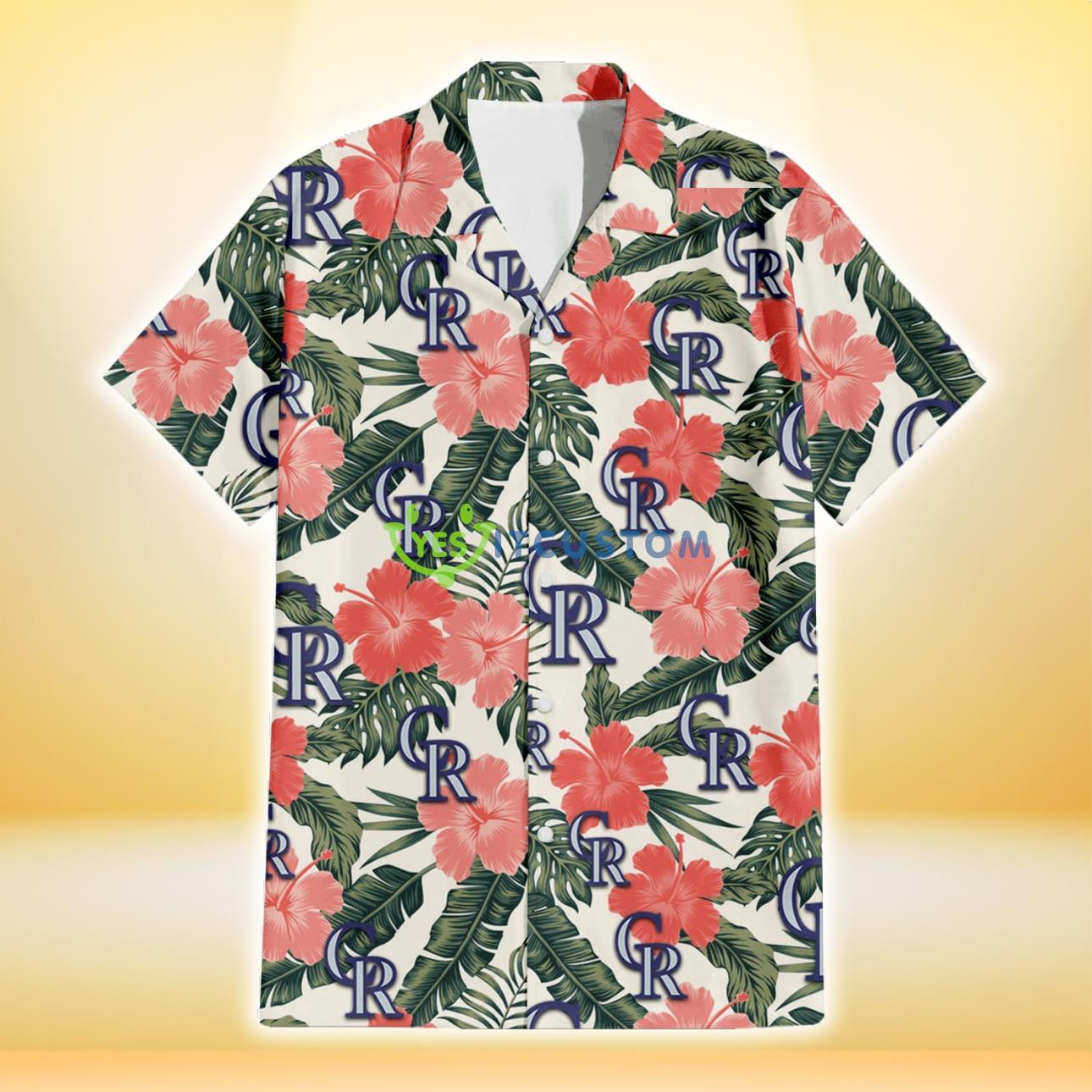 Colorado Rockies Pink Coral Hibiscus Banana Leaf Beige Background 3D Hawaiian Shirt Gift For Fans Product Photo 2