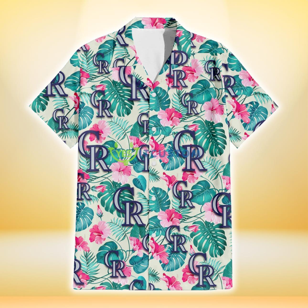 Colorado Rockies Pink Hibiscus Green Leaf Beige Background 3D Hawaiian Shirt Gift For Fans Product Photo 2