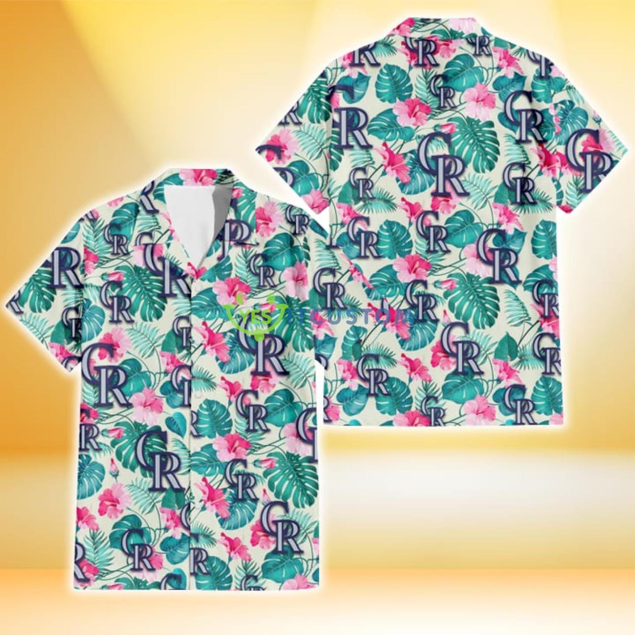 Colorado Rockies Pink Hibiscus Green Leaf Beige Background 3D Hawaiian Shirt Gift For Fans Product Photo 1
