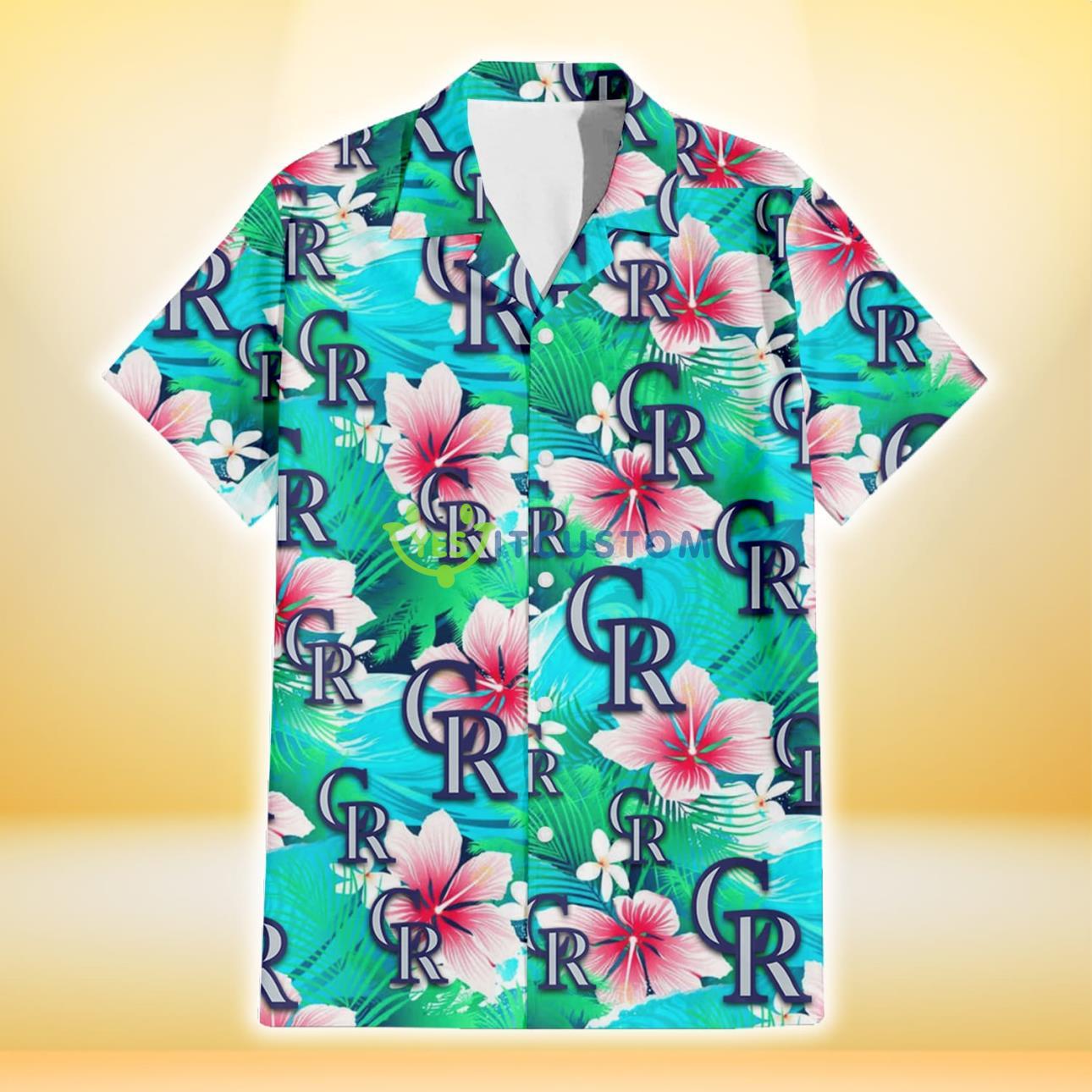 Colorado Rockies Pink Hibiscus Green Leaf Blue Background 3D Hawaiian Shirt Gift For Fans Product Photo 2