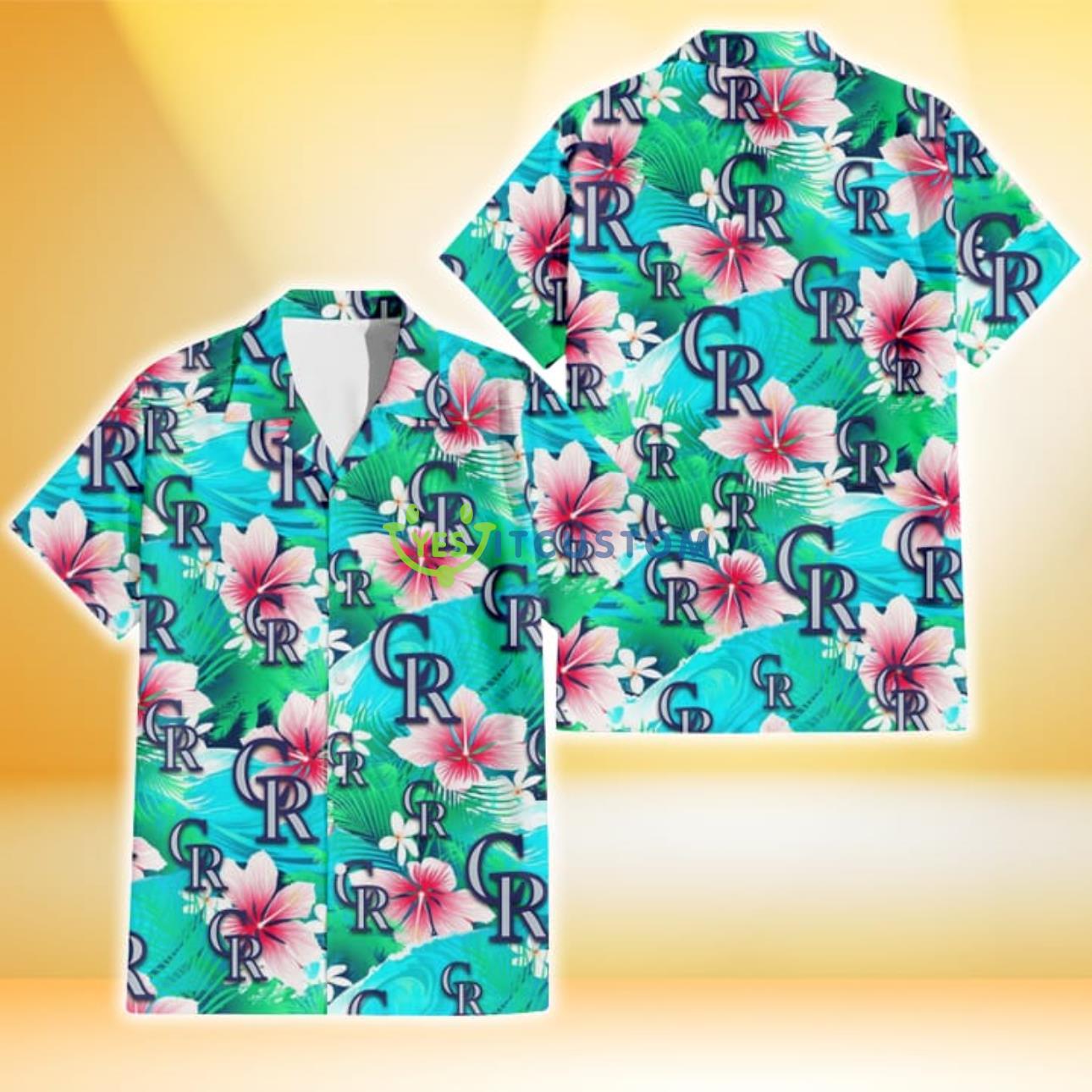 Colorado Rockies Pink Hibiscus Green Leaf Blue Background 3D Hawaiian Shirt Gift For Fans Product Photo 1