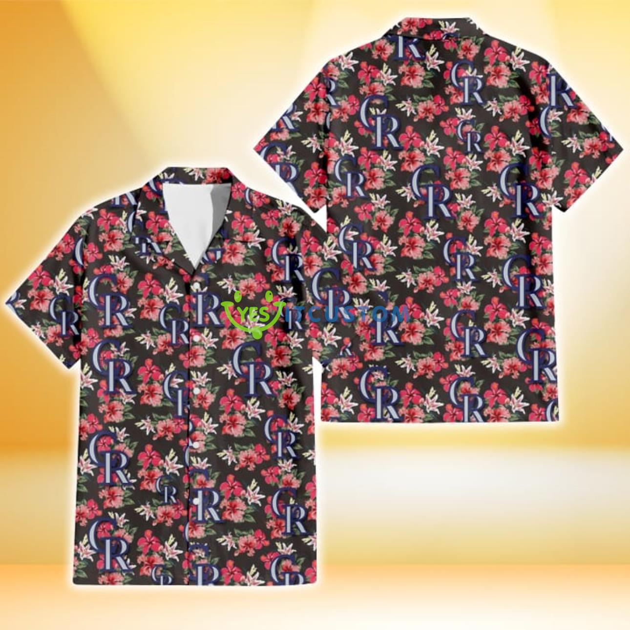 Colorado Rockies Pink Hibiscus Orchid Brown Background 3D Hawaiian Shirt Gift For Fans Product Photo 1