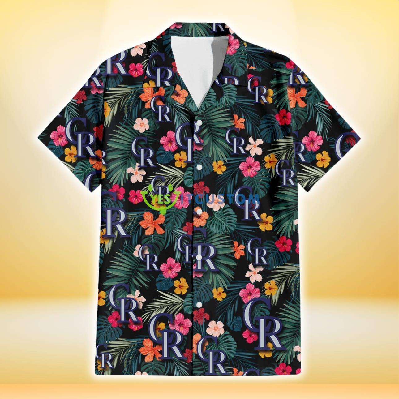 Colorado Rockies Pink Yellow Orange Hibiscus Big Tropical Leaf Black Background 3D Hawaiian Shirt Gift For Fans Product Photo 2