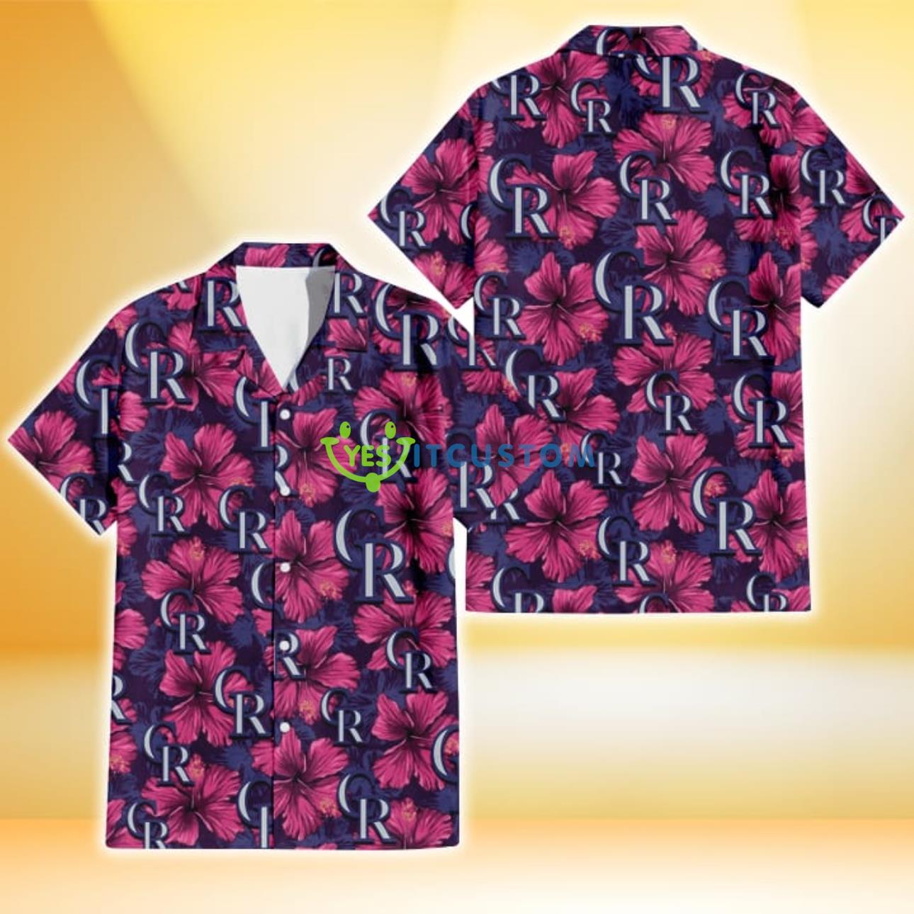 Colorado Rockies Plum Vilolet Hibiscus Dark Navy Leaf Black 3D Hawaiian Shirt Gift For Fans Product Photo 1