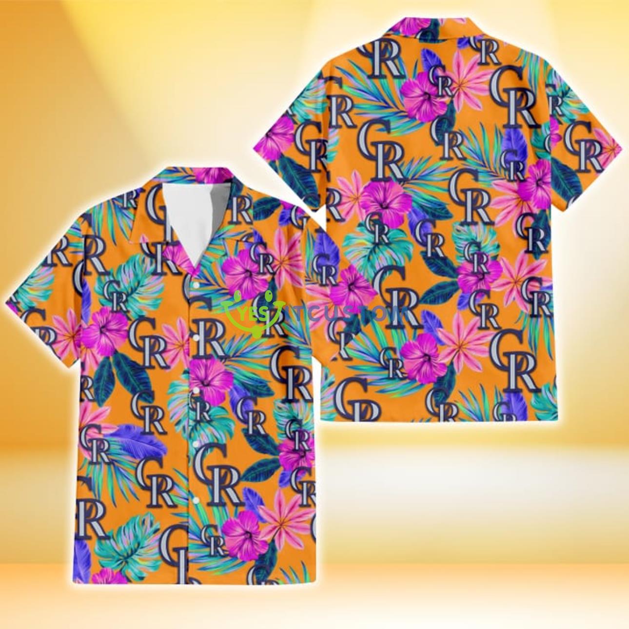 Colorado Rockies Purple Hibiscus Neon Leaf Orange Background 3D Hawaiian Shirt Gift For Fans Product Photo 1