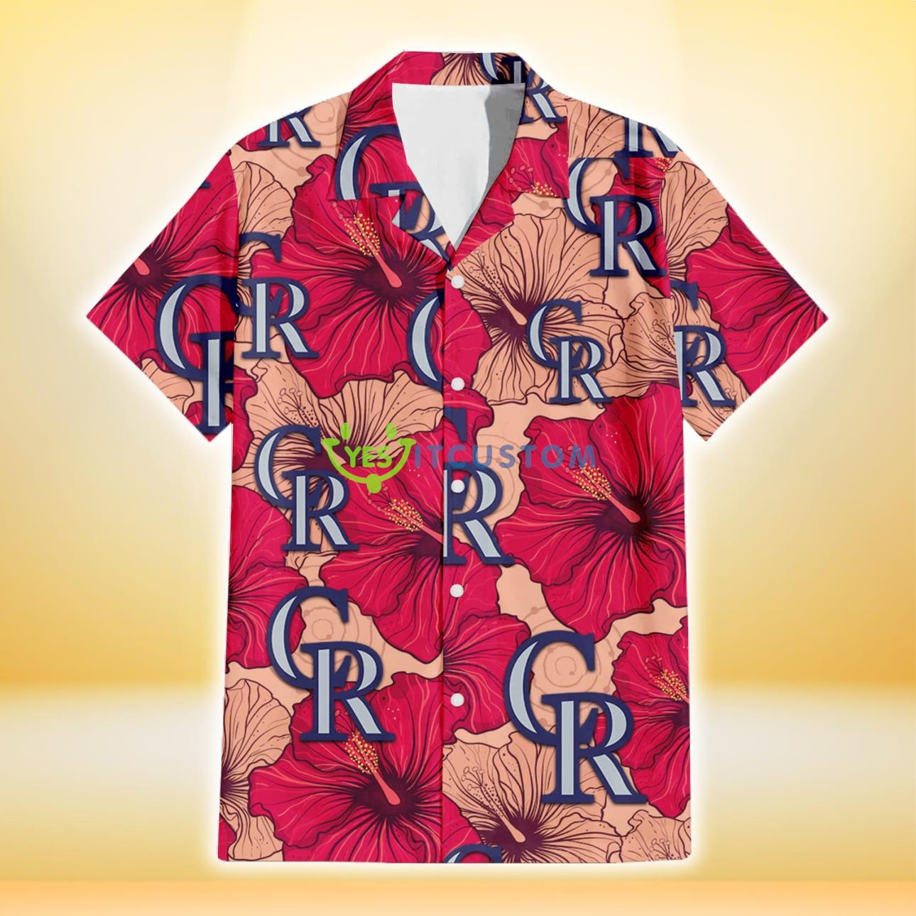 Colorado Rockies Red Beige Hibiscus Beige Background 3D Hawaiian Shirt Gift For Fans Product Photo 2