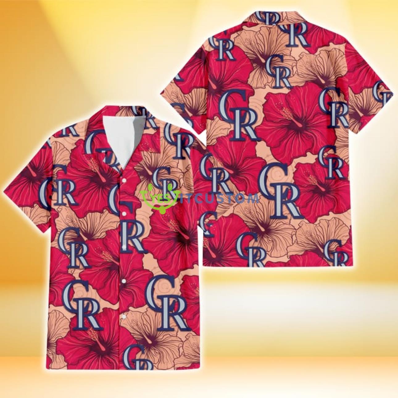 Colorado Rockies Red Beige Hibiscus Beige Background 3D Hawaiian Shirt Gift For Fans Product Photo 1