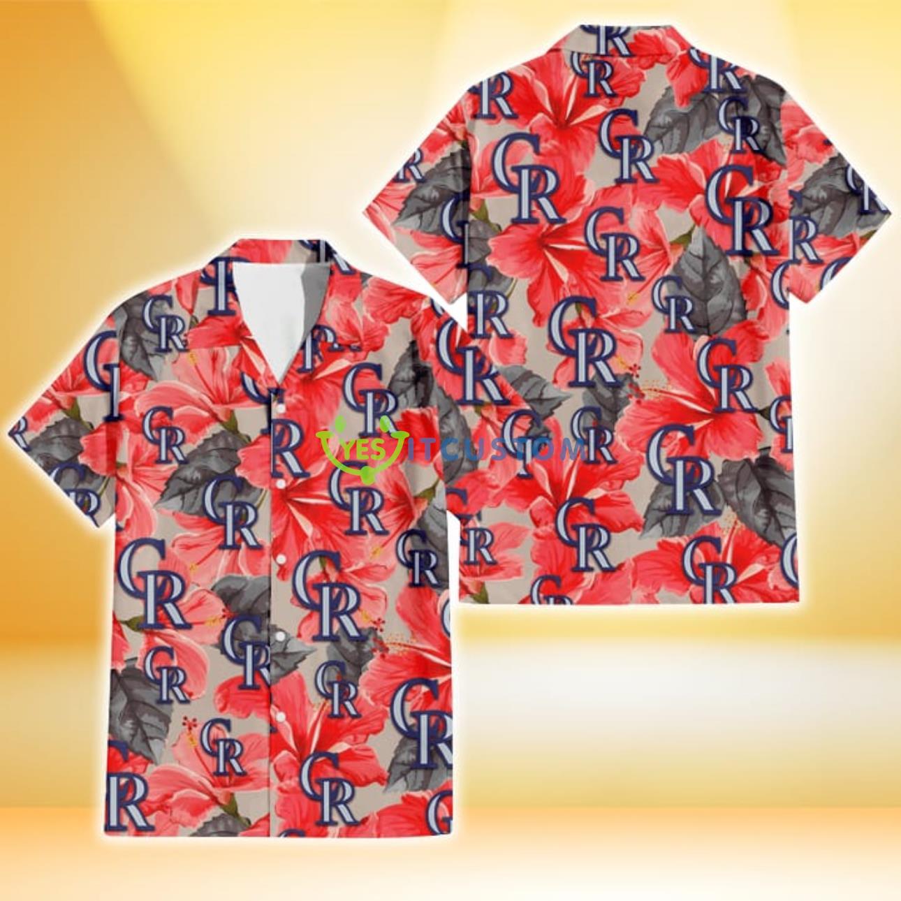 Colorado Rockies Red Hibiscus Gray Leaf Beige Background 3D Hawaiian Shirt Gift For Fans Product Photo 1