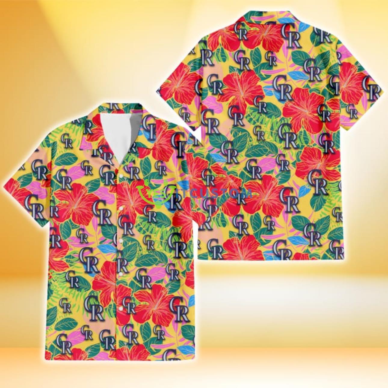 Colorado Rockies Red Hibiscus Green Blue Leaf Yellow Background 3D Hawaiian Shirt Gift For Fans Product Photo 1