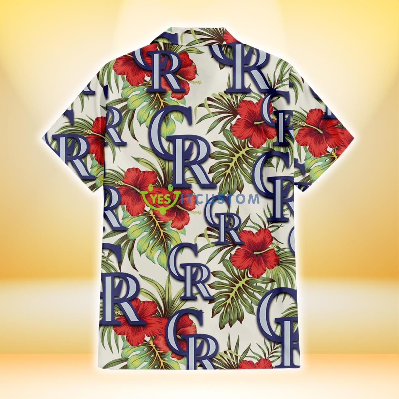 Colorado Rockies Red Hibiscus Green Tropical Leaf Cream Background 3D Hawaiian Shirt Gift For Fans 3 Colorado Rockies Red Hibiscus Green Tropical Leaf Cream Background 3D Hawaiian Shirt Gift For Fans Product Photo 3