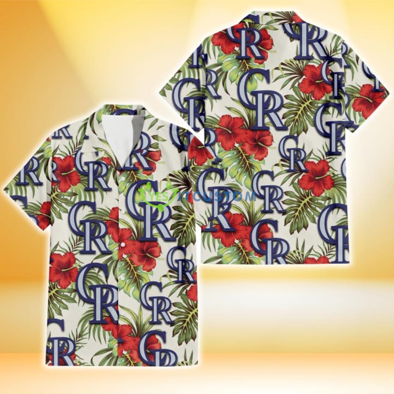 Colorado Rockies Red Hibiscus Green Tropical Leaf Cream Background 3D Hawaiian Shirt Gift For Fans Product Photo 1