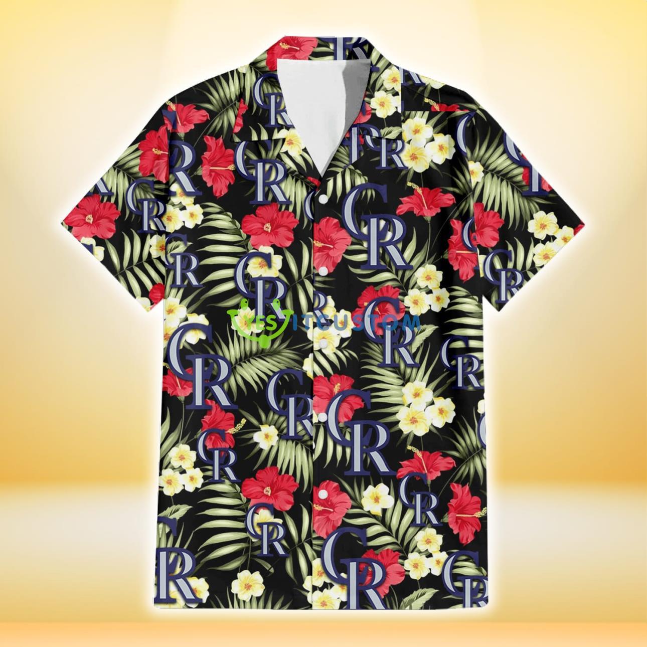 Colorado Rockies Red Hibiscus Yellow Porcelain Flower Black Background 3D Hawaiian Shirt Gift For Fans Product Photo 2