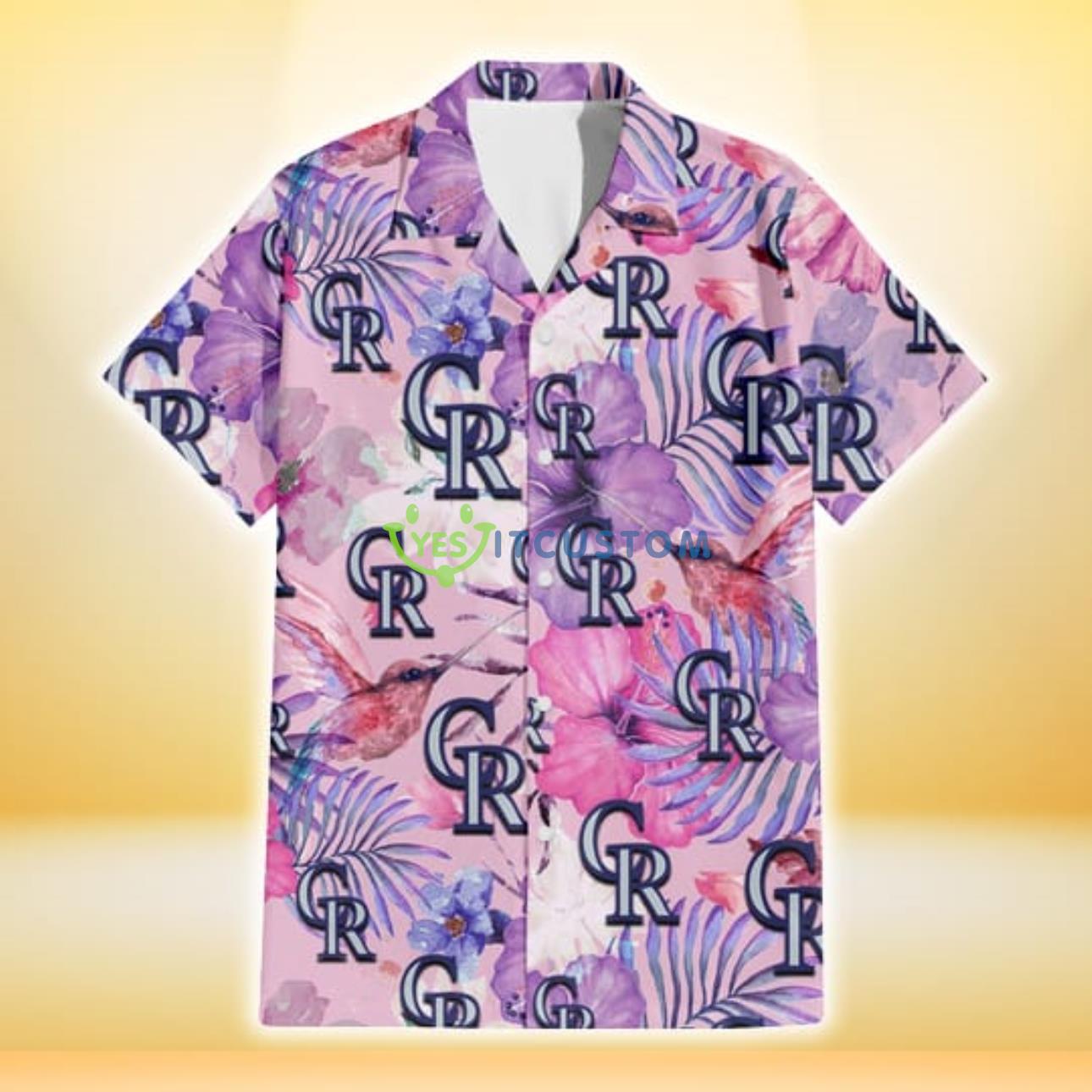 Colorado Rockies White Purple Hibiscus Pink Hummingbird Pink Background 3D Hawaiian Shirt Gift For Fans Product Photo 2