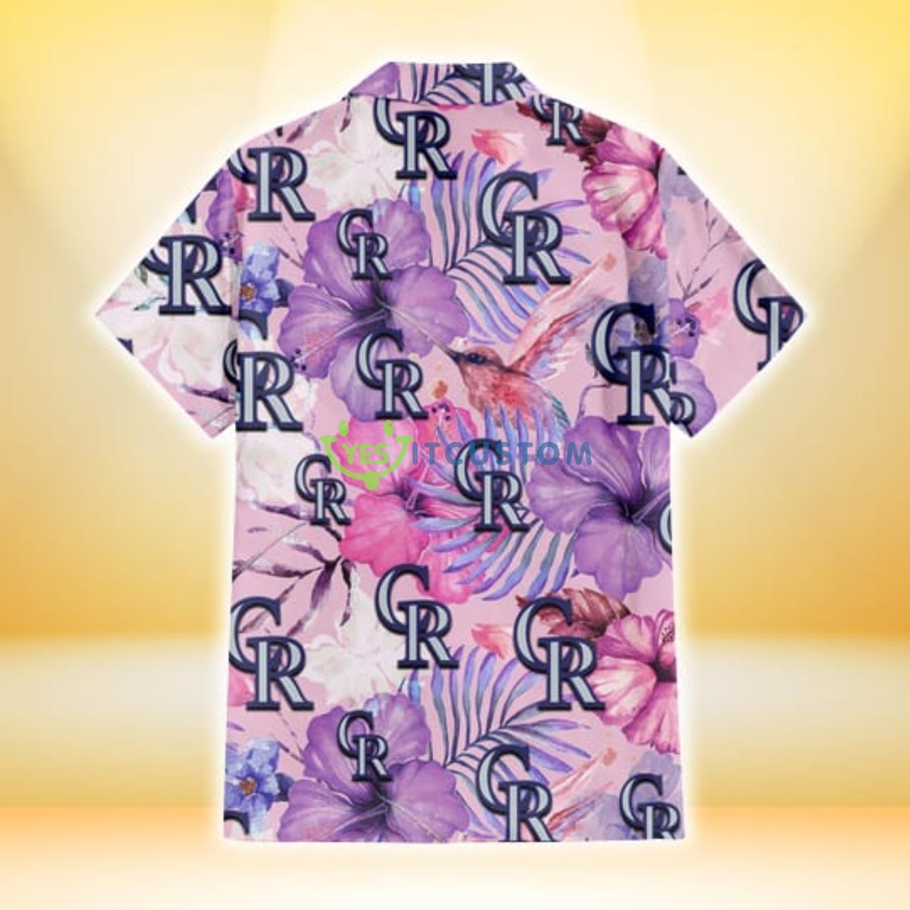 Colorado Rockies White Purple Hibiscus Pink Hummingbird Pink Background 3D Hawaiian Shirt Gift For Fans 3 Colorado Rockies White Purple Hibiscus Pink Hummingbird Pink Background 3D Hawaiian Shirt Gift For Fans Product Photo 3